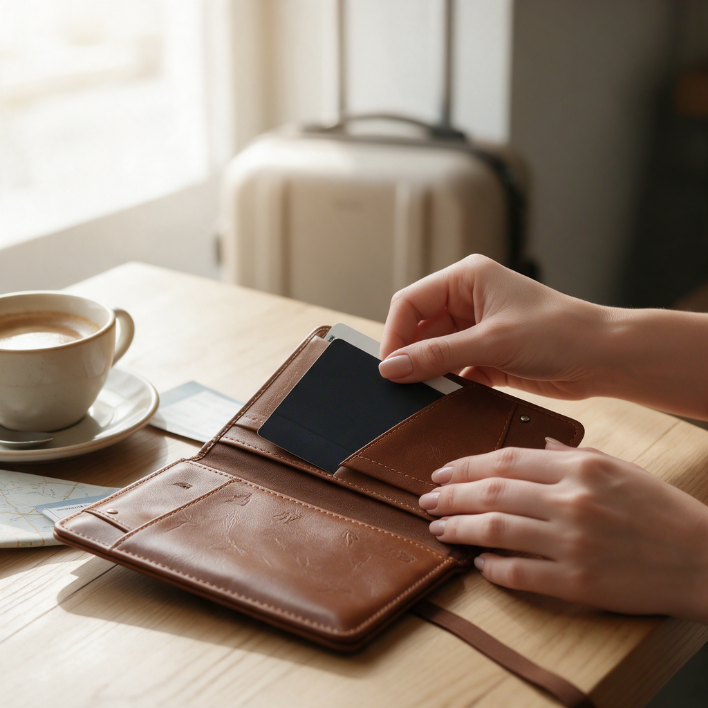 Hands slide a passport into a brown travel wallet next to a coffee cup