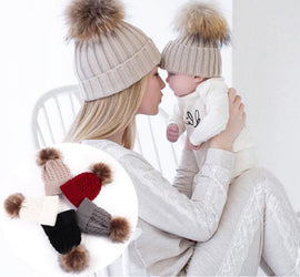 2PCS/set/ Mom+Baby Knit Pom Bobble Hat