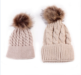 2PCS/set/ Mom+Baby Knit Pom Bobble Hat